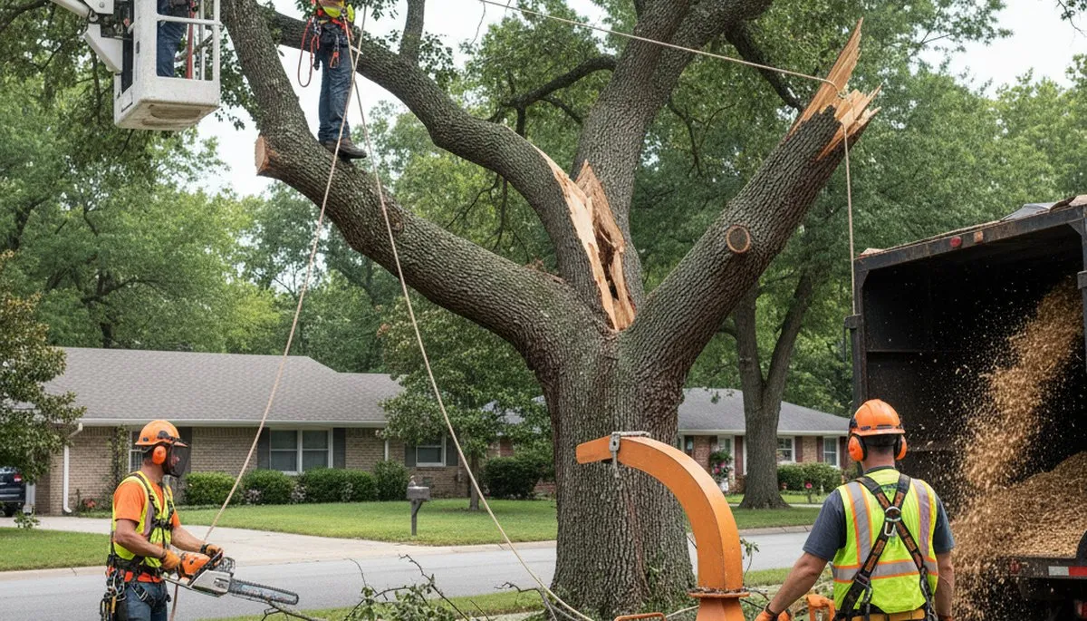 Bakersfield, CA tree service crew removing storm-damaged fallen tree for emergency cleanup