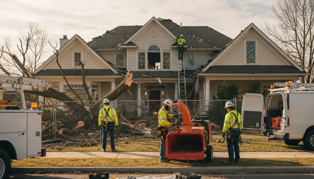 Bakersfield, CA tree service crew removing storm-damaged limbs from a damaged tree